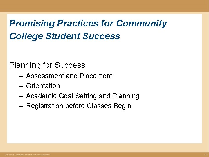 Promising Practices for Community College Student Success Planning for Success – – Assessment and