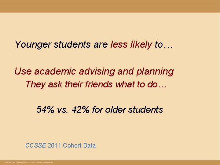 Younger students are less likely to… Use academic advising and planning They ask their