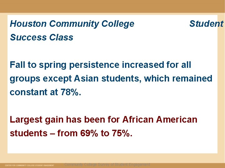 Houston Community College Student Success Class Fall to spring persistence increased for all groups