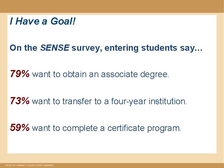 I Have a Goal! On the SENSE survey, entering students say… 79% want to