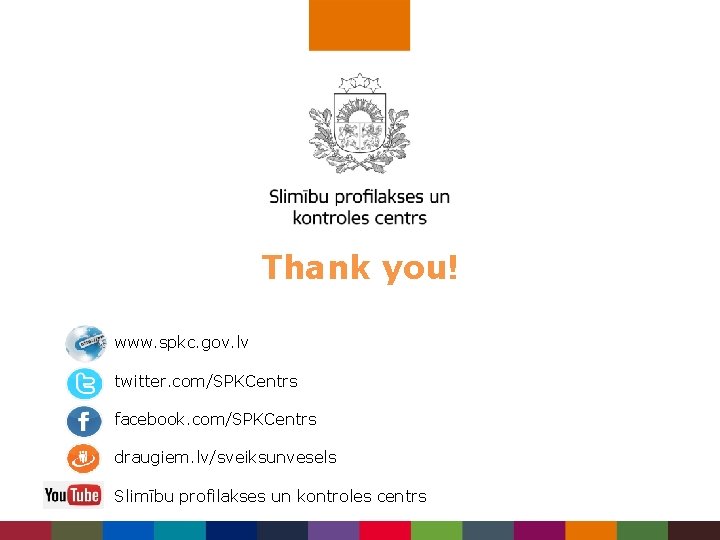 Thank you! www. spkc. gov. lv twitter. com/SPKCentrs facebook. com/SPKCentrs draugiem. lv/sveiksunvesels Slimību profilakses