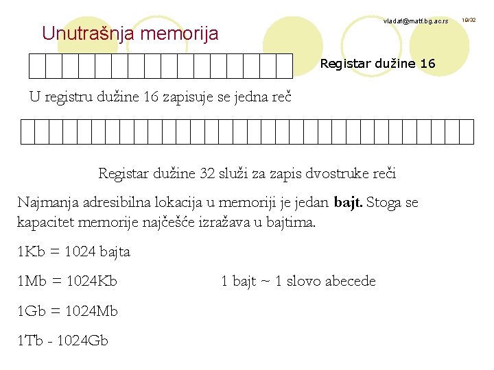 vladaf@matf. bg. ac. rs Unutrašnja memorija Registar dužine 16 U registru dužine 16 zapisuje