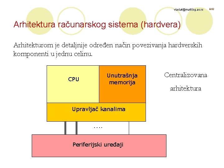 vladaf@matf. bg. ac. rs Arhitektura računarskog sistema (hardvera) Arhitekturom je detaljnije određen način povezivanja