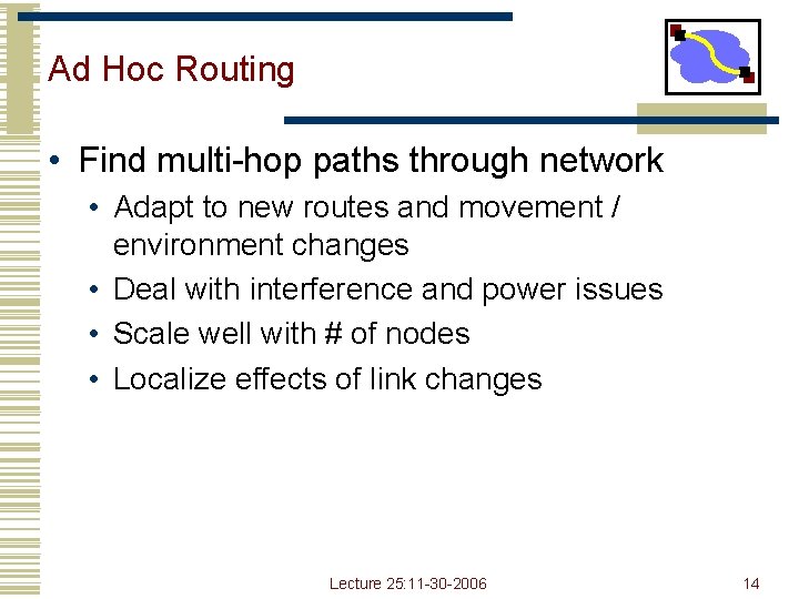 Ad Hoc Routing • Find multi-hop paths through network • Adapt to new routes Ad Hoc Routing • Find multi-hop paths through network • Adapt to new routes