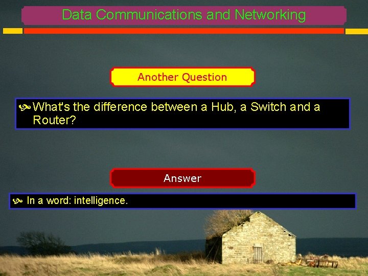 Data Communications and Networking Another Question What's the difference between a Hub, a Switch