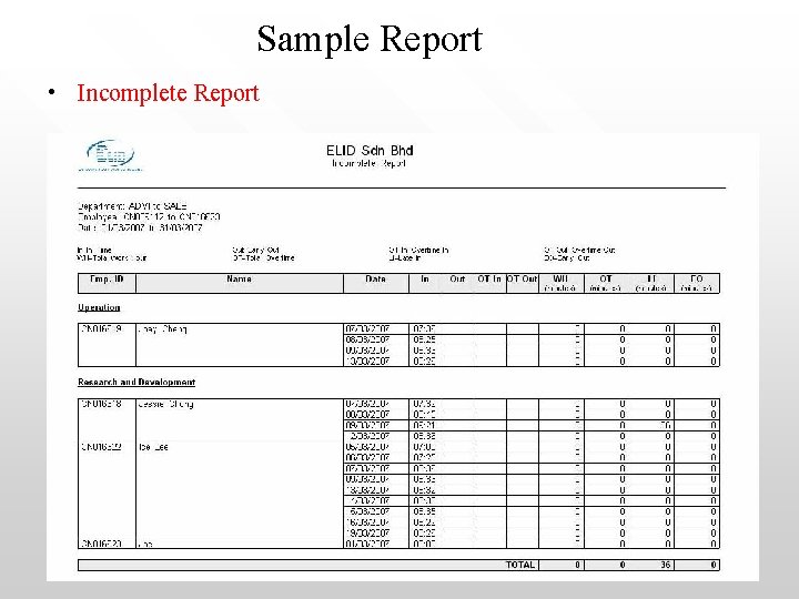 Sample Report • Incomplete Report 