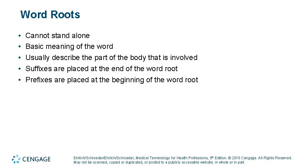 Word Roots • • • Cannot stand alone Basic meaning of the word Usually
