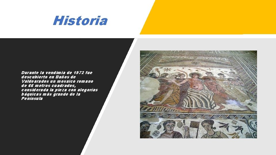 Historia Durante la vendimia de 1972 fue descubierto en Baños de Valdearados un mosaico
