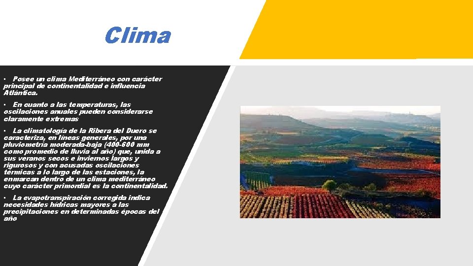 Clima • Posee un clima Mediterráneo con carácter principal de continentalidad e influencia Atlántica.