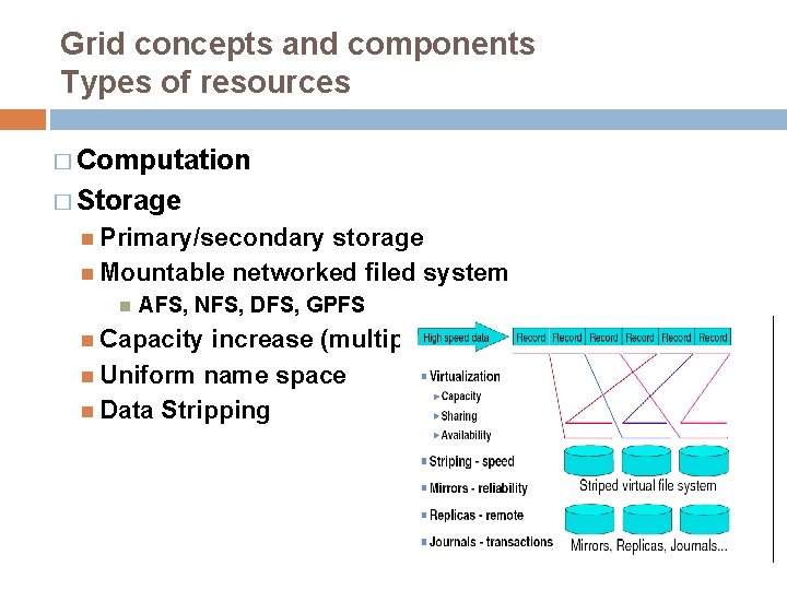 Grid concepts and components Types of resources � Computation � Storage Primary/secondary storage Mountable