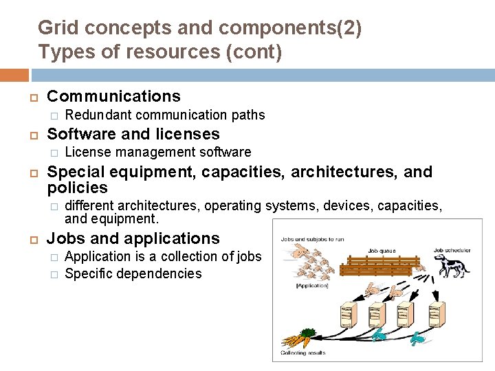 Grid concepts and components(2) Types of resources (cont) Communications � Software and licenses �