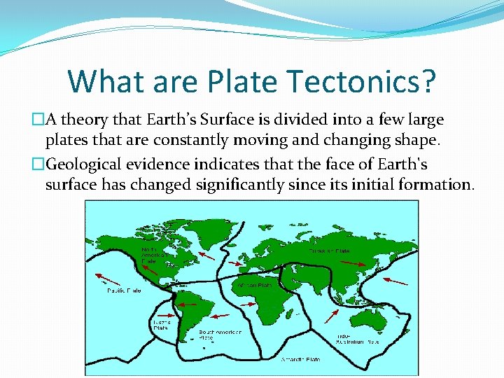 What are Plate Tectonics? �A theory that Earth’s Surface is divided into a few