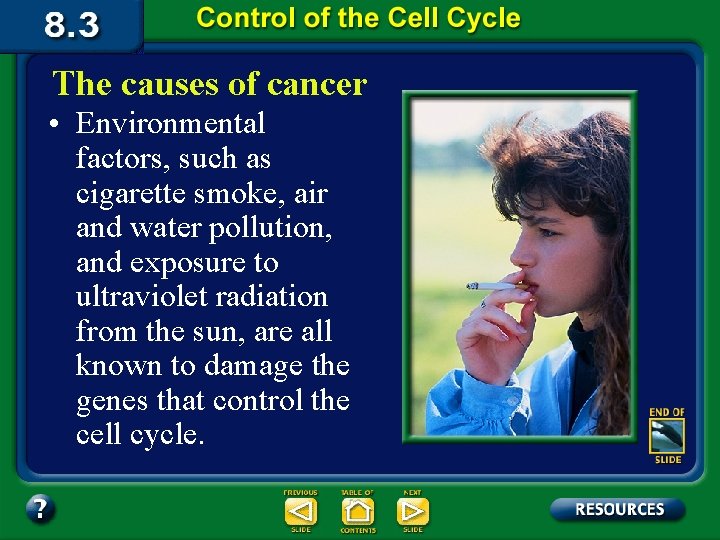 The causes of cancer • Environmental factors, such as cigarette smoke, air and water