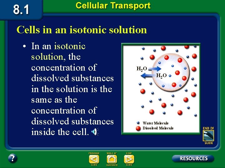 Cells in an isotonic solution • In an isotonic solution, the concentration of dissolved