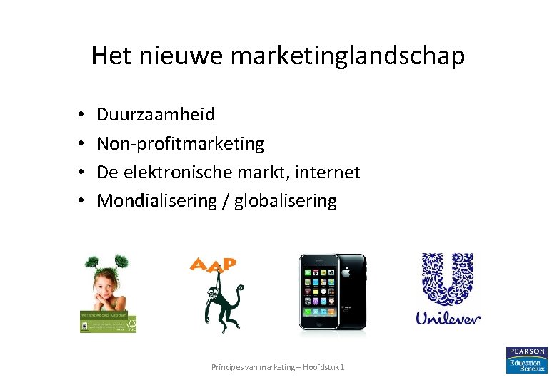 Het nieuwe marketinglandschap • • Duurzaamheid Non-profitmarketing De elektronische markt, internet Mondialisering / globalisering