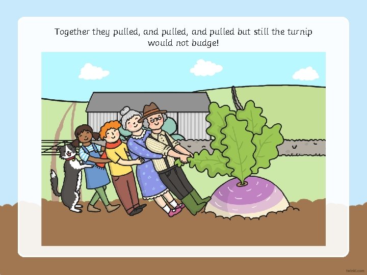 Together they pulled, and pulled but still the turnip would not budge! 