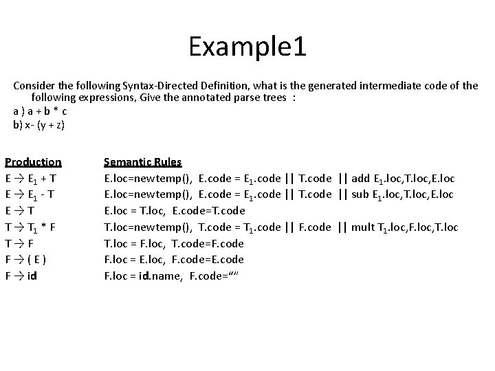 Example 1 Consider the following Syntax-Directed Definition, what is the generated intermediate code of
