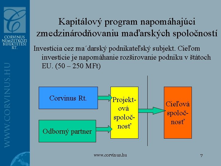 Kapitálový program napomáhajúci zmedzinárodňovaniu maďarských spoločností Investícia cez ma´darský podnikateľský subjekt. Cieľom investície je