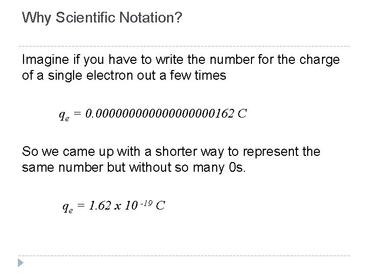 Why Scientific Notation? Imagine if you have to write the number for the charge Why Scientific Notation? Imagine if you have to write the number for the charge