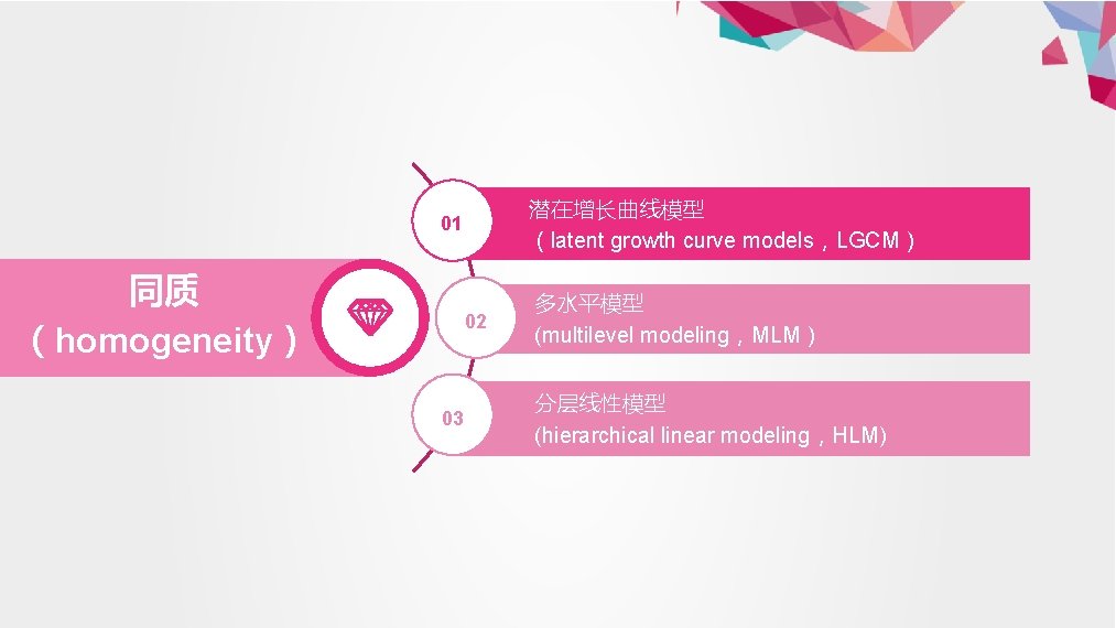 潜在增长曲线模型 （latent growth curve models，LGCM） 01 同质 （homogeneity） 02 03 多水平模型 (multilevel modeling，MLM） 分层线性模型