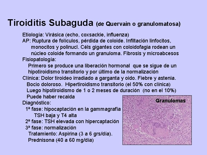 Tiroiditis Subaguda (de Quervain o granulomatosa) Etiología: Virásica (echo, coxsackie, influenza) AP: Ruptura de