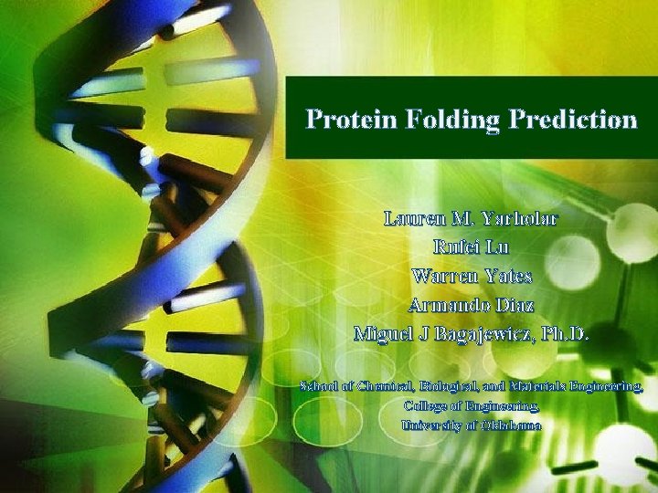Protein Folding Prediction Lauren M. Yarholar Rufei Lu Warren Yates Armando Diaz Miguel J