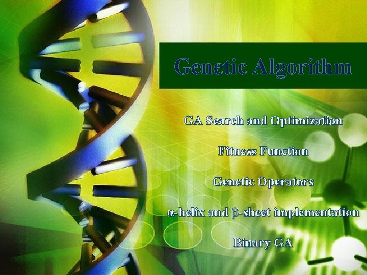 Genetic Algorithm GA Search and Optimization Fitness Function Genetic Operators α-helix and b-sheet implementation