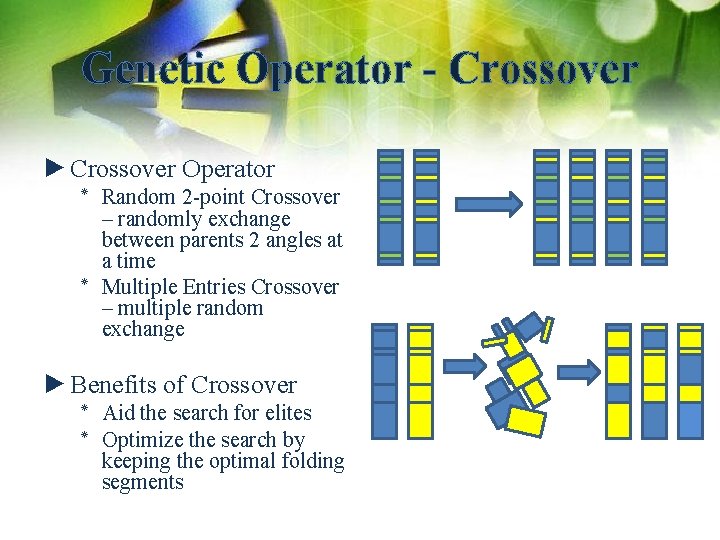Genetic Operator - Crossover ►Crossover Operator ٭ Random 2 -point Crossover – randomly exchange
