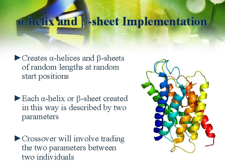 α-helix and b-sheet Implementation ►Creates α-helices and b-sheets of random lengths at random start