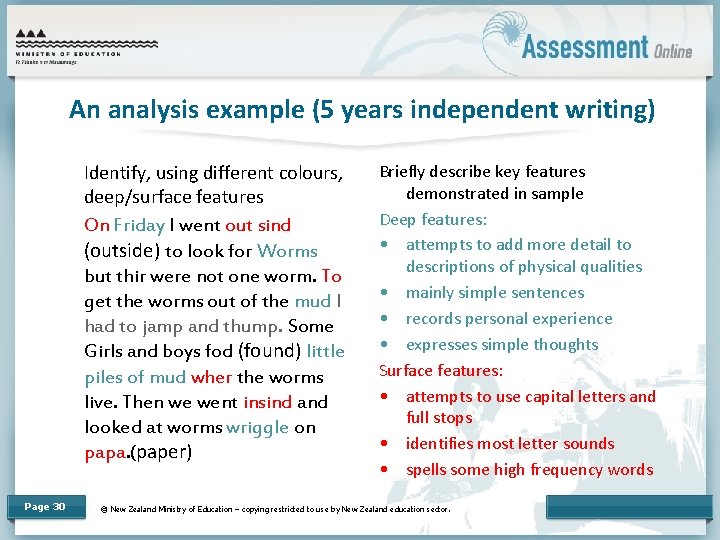 An analysis example (5 years independent writing) Identify, using different colours, deep/surface features On