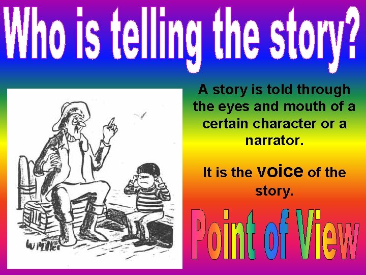 A story is told through the eyes and mouth of a certain character or