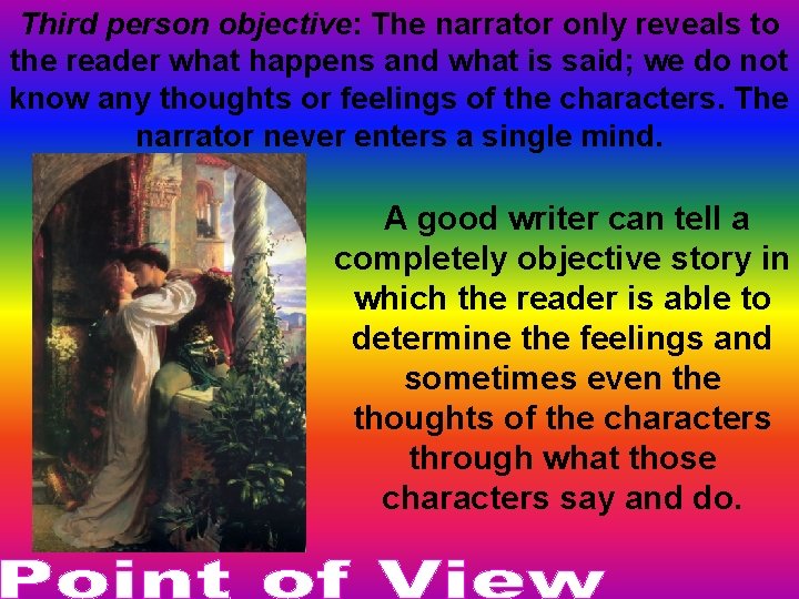 Third person objective: The narrator only reveals to the reader what happens and what