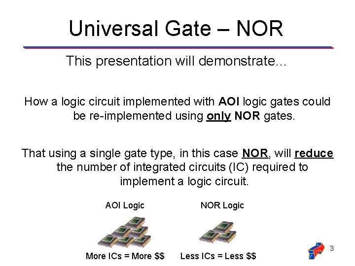 Universal Gate – NOR This presentation will demonstrate… How a logic circuit implemented with