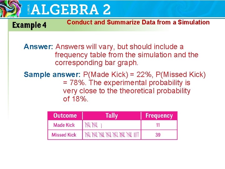 Conduct and Summarize Data from a Simulation Answer: Answers will vary, but should include