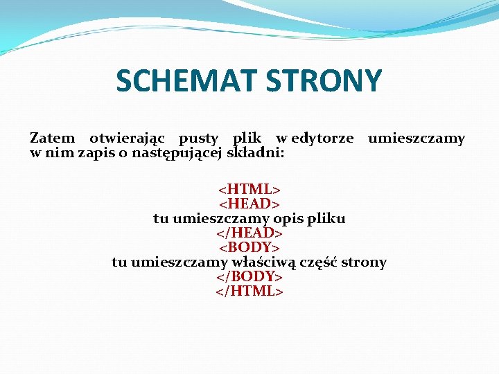 SCHEMAT STRONY Zatem otwierając pusty plik w edytorze umieszczamy w nim zapis o następującej