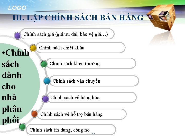 LOGO III. LẬP CHÍNH SÁCH BÁN HÀNG Chính sách giá (giá ưu đãi, bảo