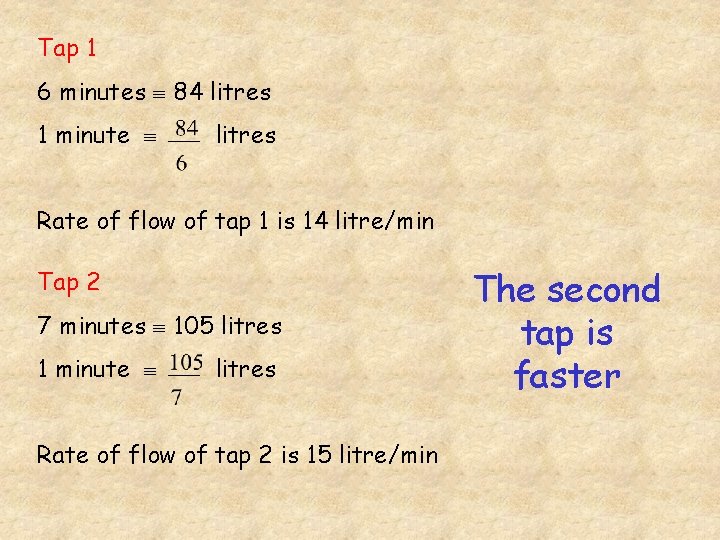 Tap 1 6 minutes 84 litres 1 minute litres Rate of flow of tap
