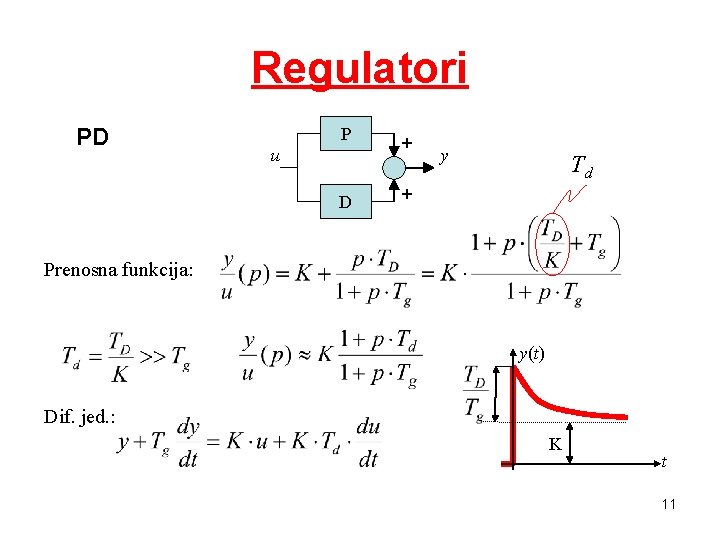 Regulatori PD P u D + y Td + Prenosna funkcija: y(t) Dif. jed. Regulatori PD P u D + y Td + Prenosna funkcija: y(t) Dif. jed.