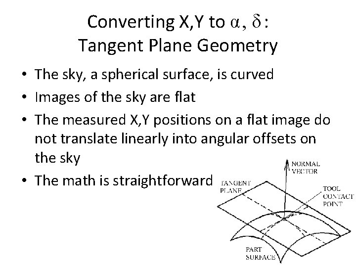 Converting X, Y to α, δ : Tangent Plane Geometry • The sky, a