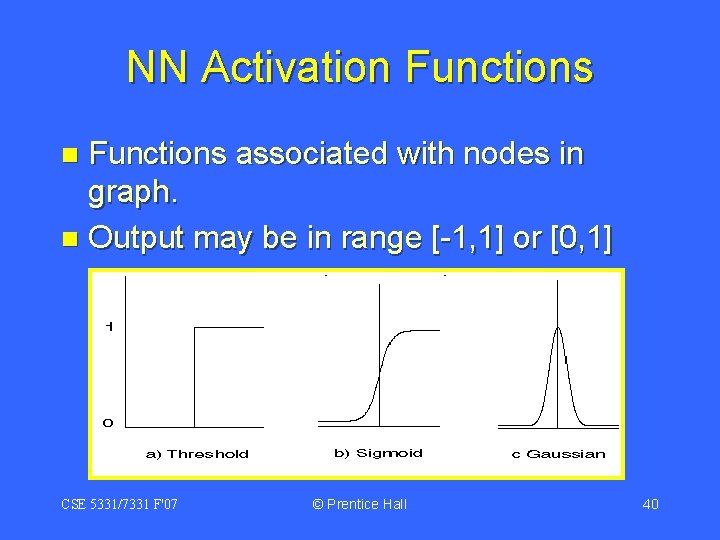 NN Activation Functions associated with nodes in graph. n Output may be in range