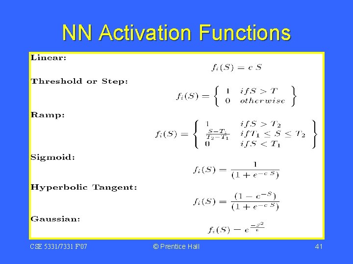 NN Activation Functions CSE 5331/7331 F'07 © Prentice Hall 41 