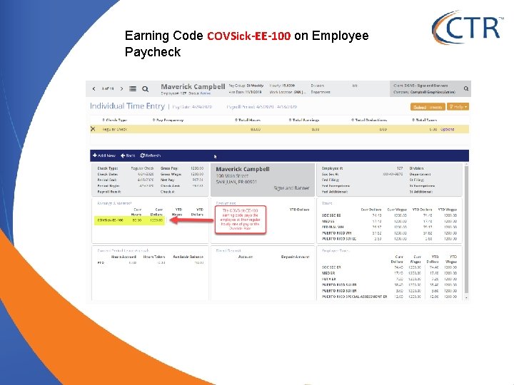 Earning Code COVSick-EE-100 on Employee Paycheck 