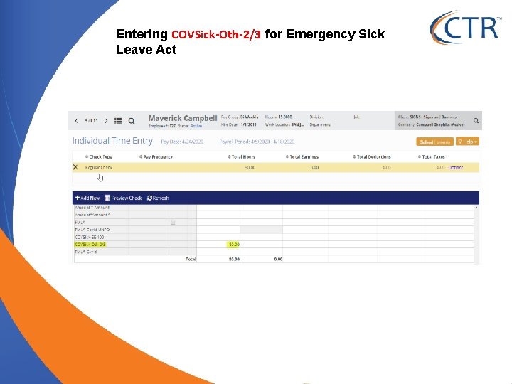 Entering COVSick-Oth-2/3 for Emergency Sick Leave Act 