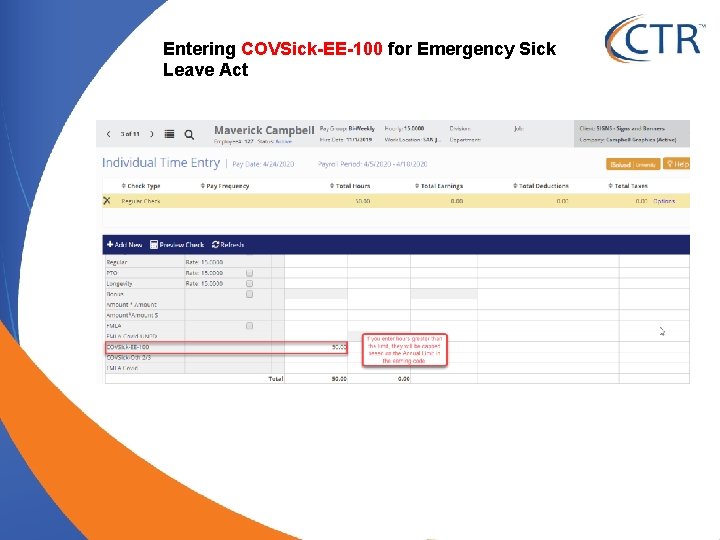 Entering COVSick-EE-100 for Emergency Sick Leave Act 