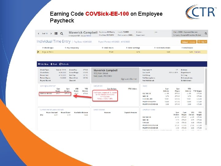 Earning Code COVSick-EE-100 on Employee Paycheck 