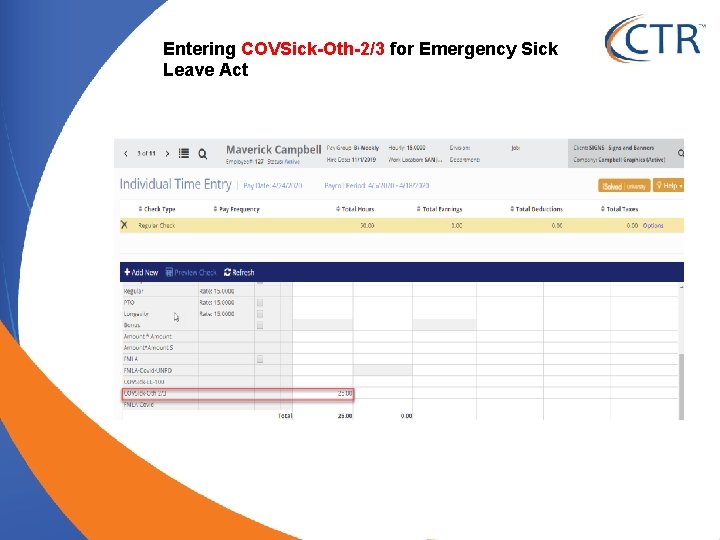 Entering COVSick-Oth-2/3 for Emergency Sick Leave Act 