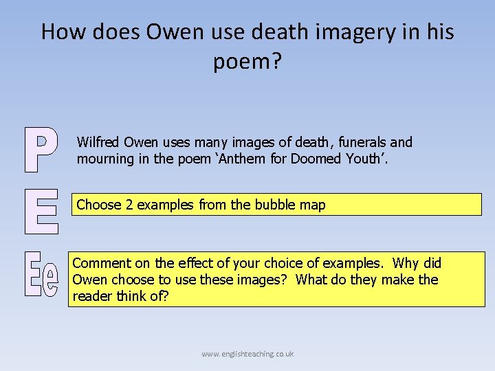 How does Owen use death imagery in his poem? Wilfred Owen uses many images