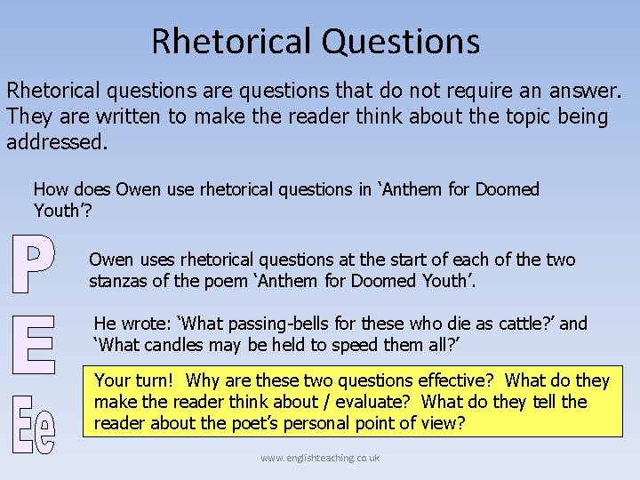 Rhetorical Questions Rhetorical questions are questions that do not require an answer. They are