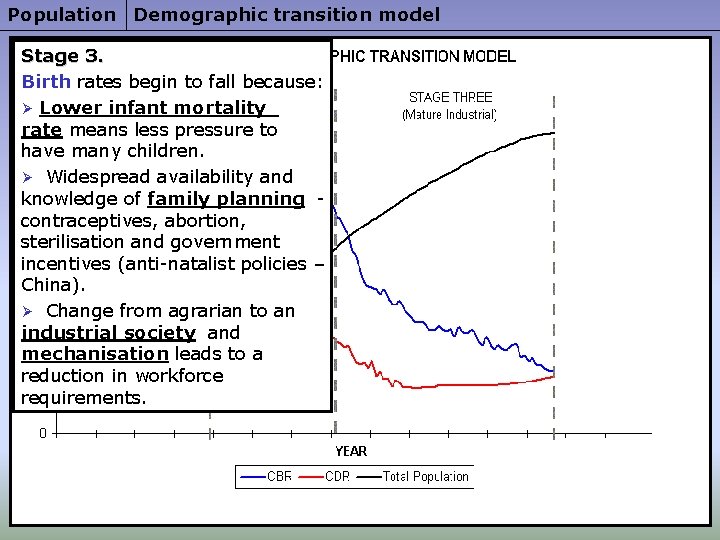 Population Demographic transition model Stage 3. Birth rates begin to fall because: Ø Lower
