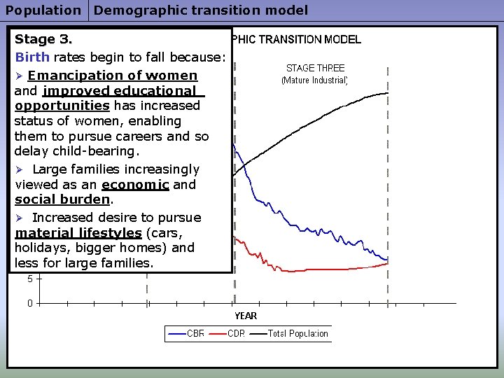 Population Demographic transition model Stage 3. Birth rates begin to fall because: Ø Emancipation